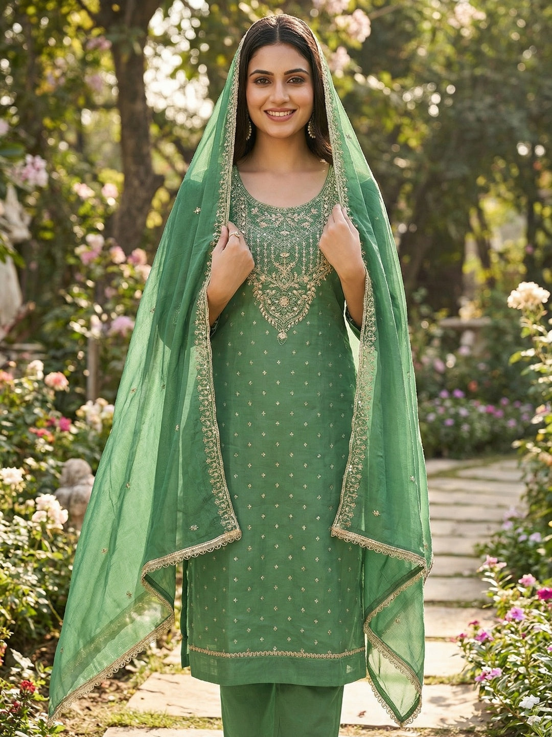 Premium Green Floral Chanderi Cotton Dress Material Adorned With Cording Embroidery & Sequins Work - Image 2