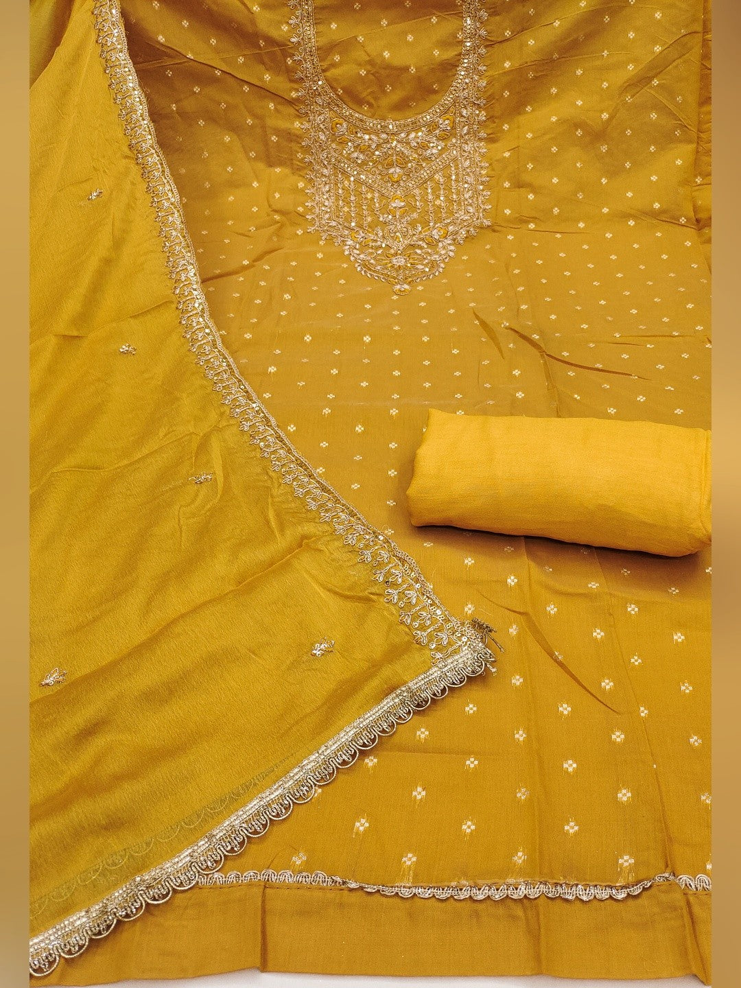 Premium Mustard Floral Chanderi Cotton Dress Material Adorned With Cording Embroidery & Sequins Work - Image 3
