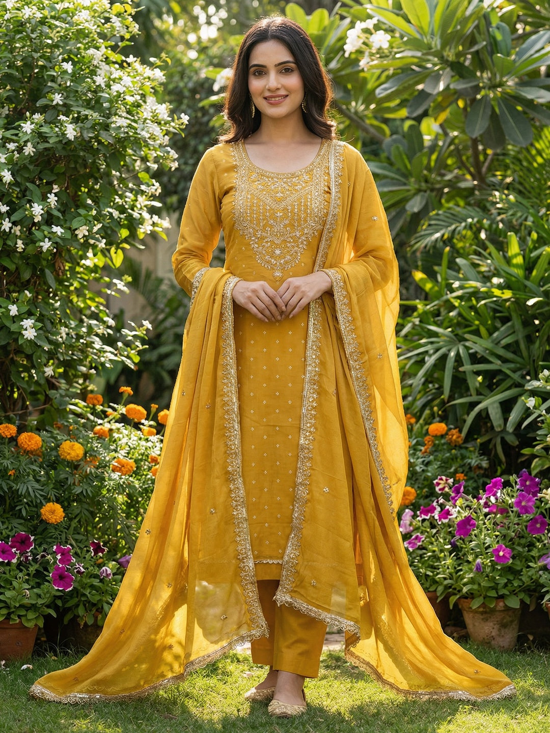 Premium Mustard Floral Chanderi Cotton Dress Material Adorned With Cording Embroidery & Sequins Work - Image 2