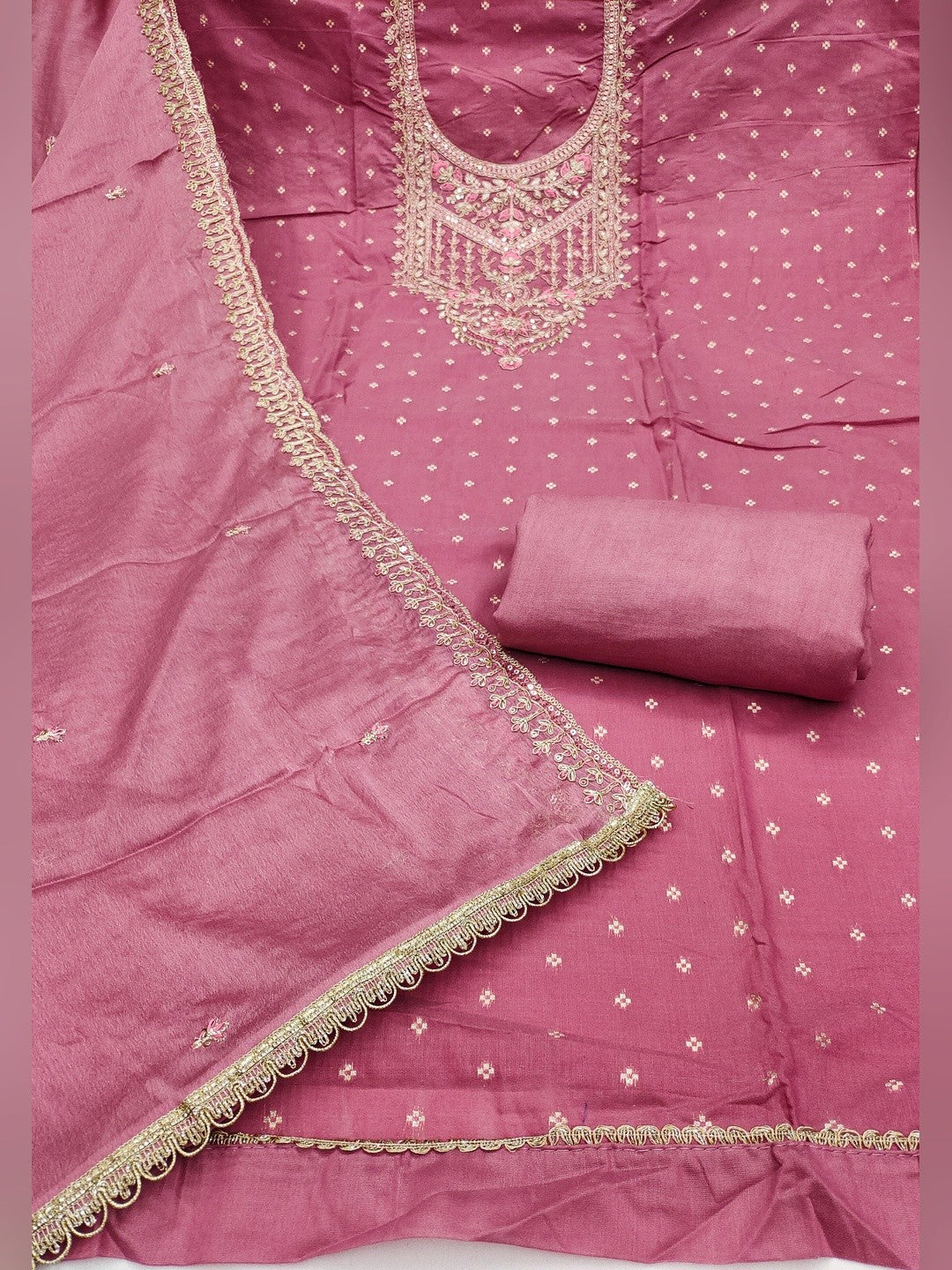 Premium Pink Floral Chanderi Cotton Dress Material Adorned With Cording Embroidery & Sequins Work - Image 3