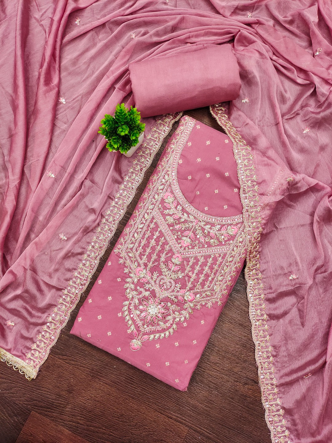 Premium Pink Floral Chanderi Cotton Dress Material Adorned With Cording Embroidery & Sequins Work - Image 4