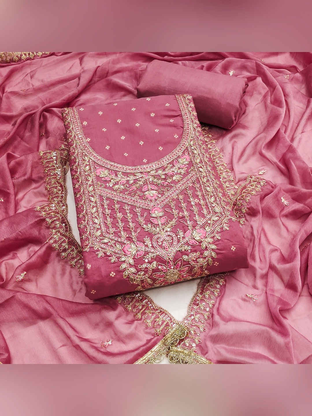 Premium Pink Floral Chanderi Cotton Dress Material Adorned With Cording Embroidery & Sequins Work - Image 1