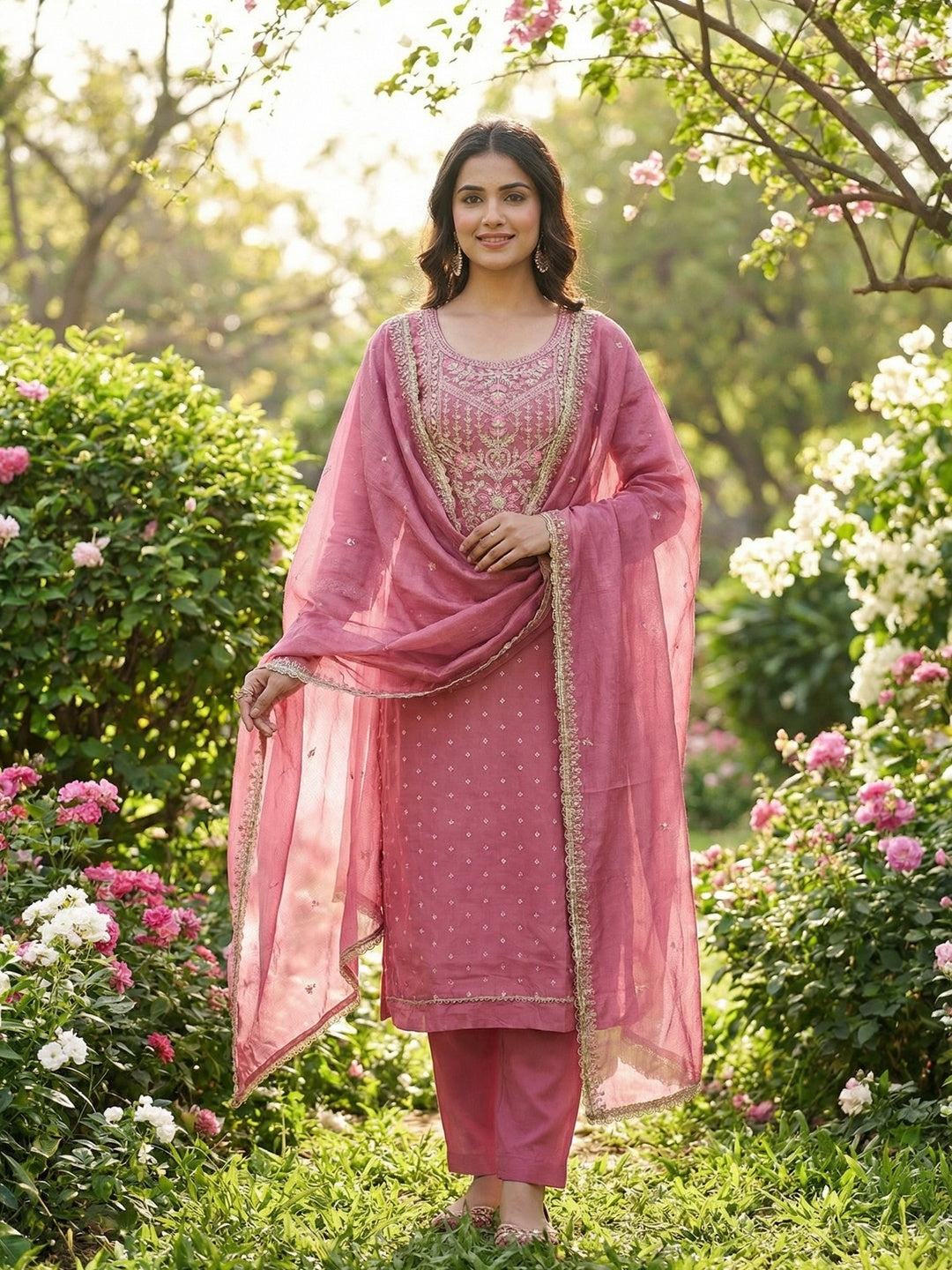 Premium Pink Floral Chanderi Cotton Dress Material Adorned With Cording Embroidery & Sequins Work - Image 2
