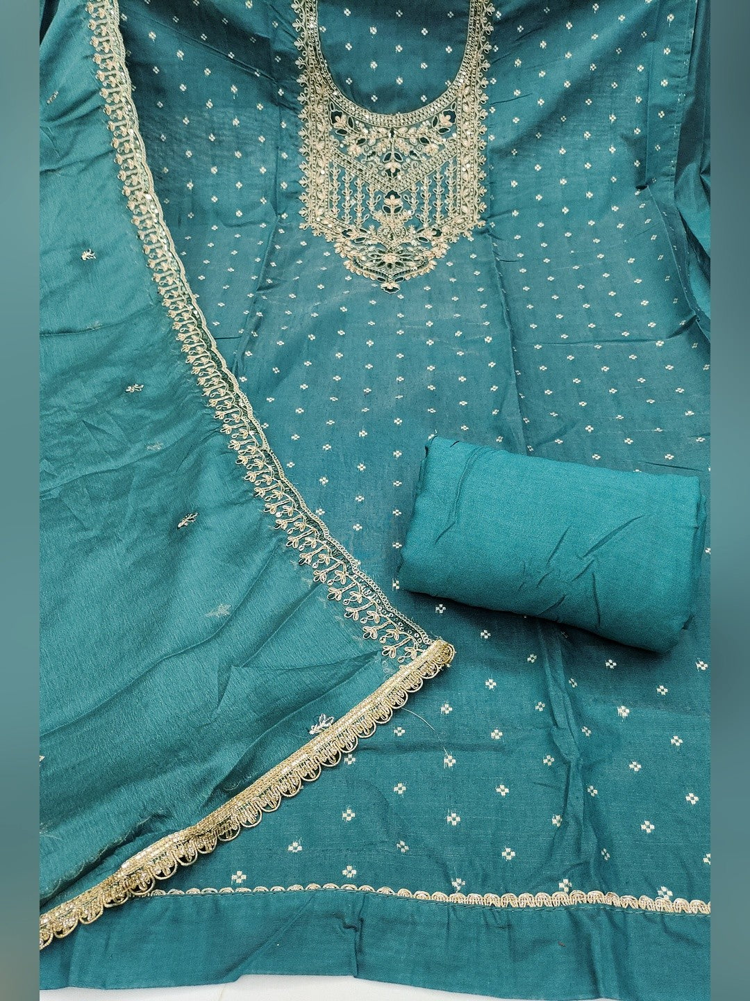 Premium Blue Floral Chanderi Cotton Dress Material Adorned With Cording Embroidery & Sequins Work - Image 4