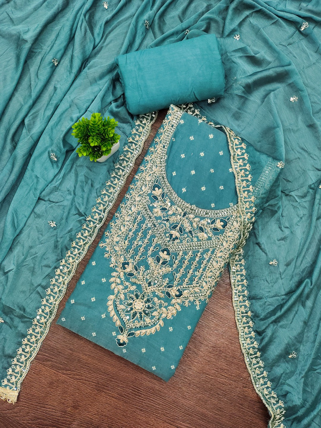 Premium Blue Floral Chanderi Cotton Dress Material Adorned With Cording Embroidery & Sequins Work - Image 3