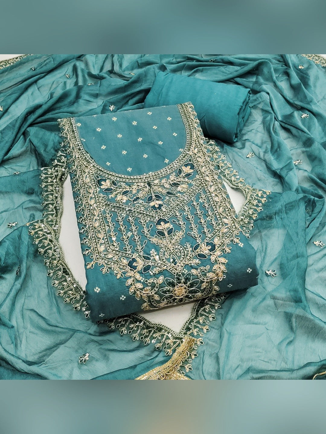 Premium Blue Floral Chanderi Cotton Dress Material Adorned With Cording Embroidery & Sequins Work - Image 1