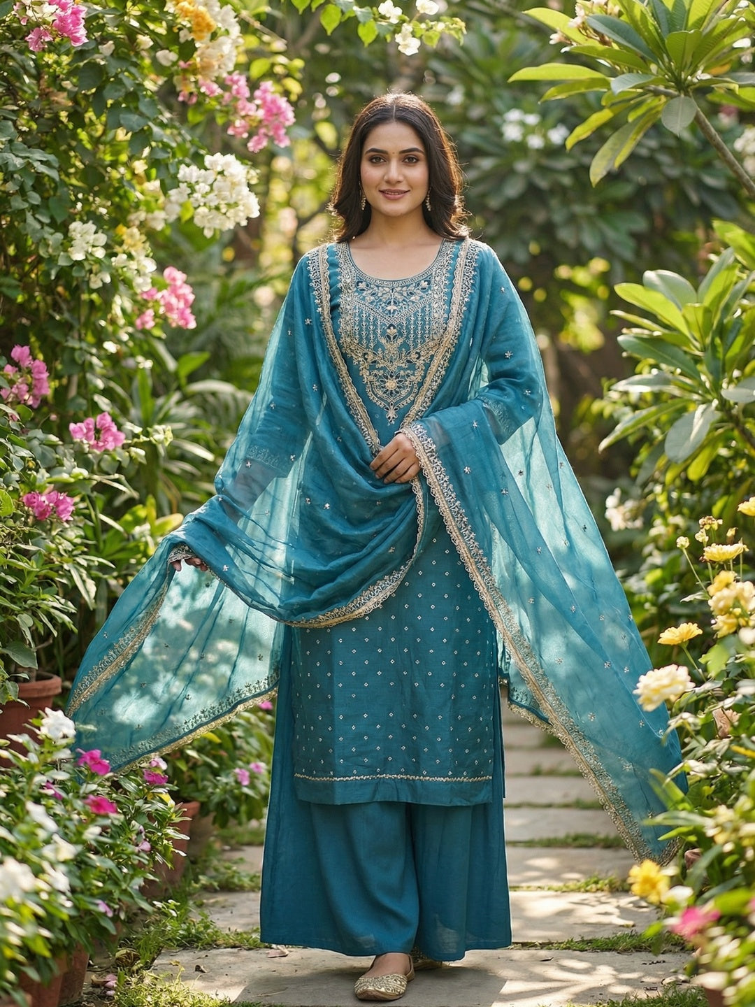 Premium Blue Floral Chanderi Cotton Dress Material Adorned With Cording Embroidery & Sequins Work - Image 2