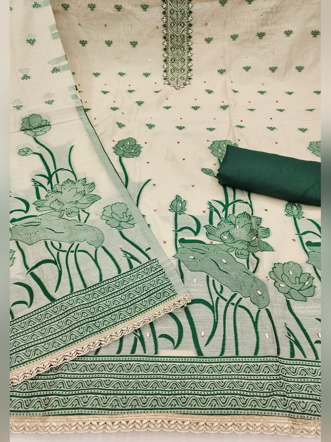 Charming Cream & Green Floral Weaving Banarasi Silk Dress Material Showcasing Refined Moti Handwork - Image 4