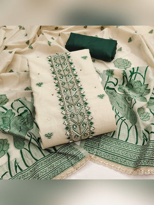 Charming Cream & Green Floral Weaving Banarasi Silk Dress Material Showcasing Refined Moti Handwork - Image 1
