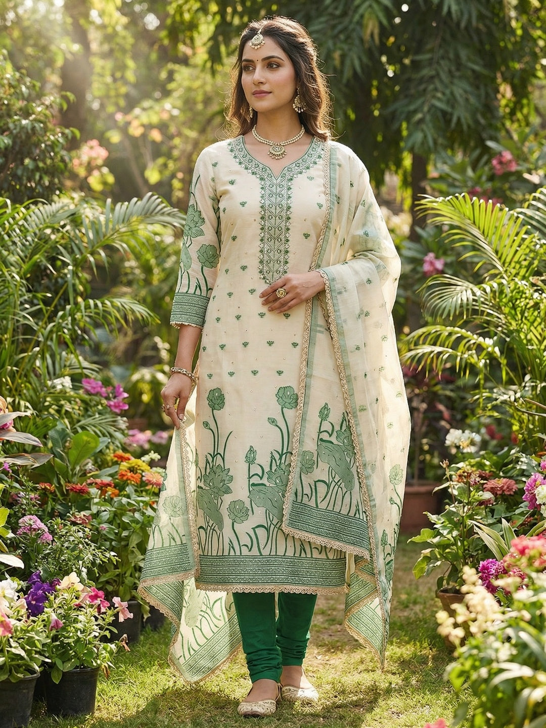 Charming Cream & Green Floral Weaving Banarasi Silk Dress Material Showcasing Refined Moti Handwork - Image 2