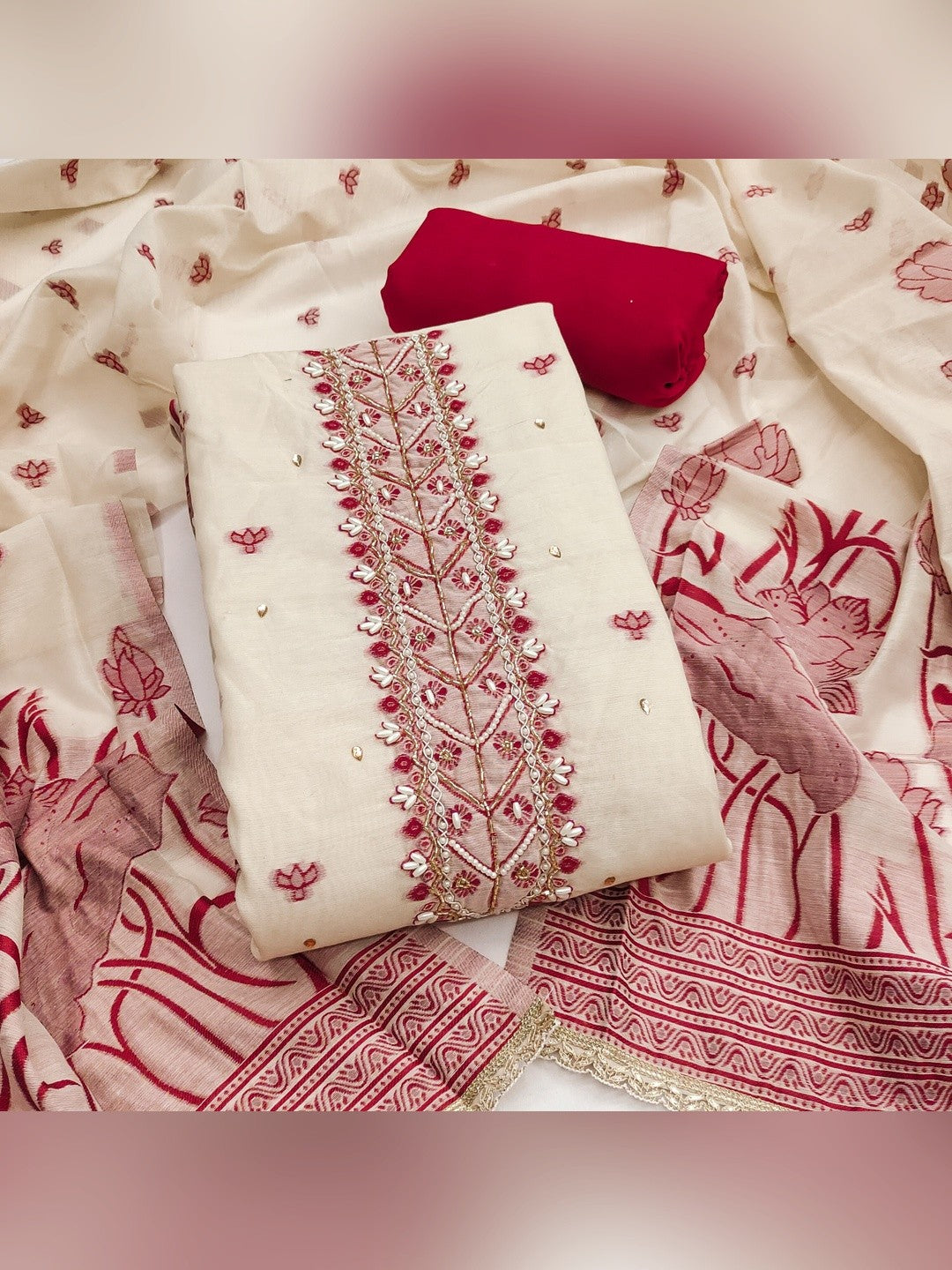 Charming Cream & Red Floral Weaving Banarasi Silk Dress Material Showcasing Refined Moti Handwork - Image 1