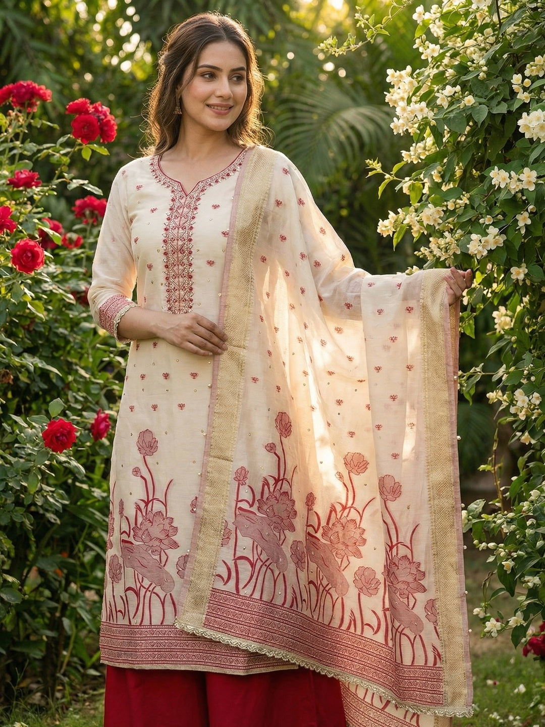 Charming Cream & Red Floral Weaving Banarasi Silk Dress Material Showcasing Refined Moti Handwork - Image 2