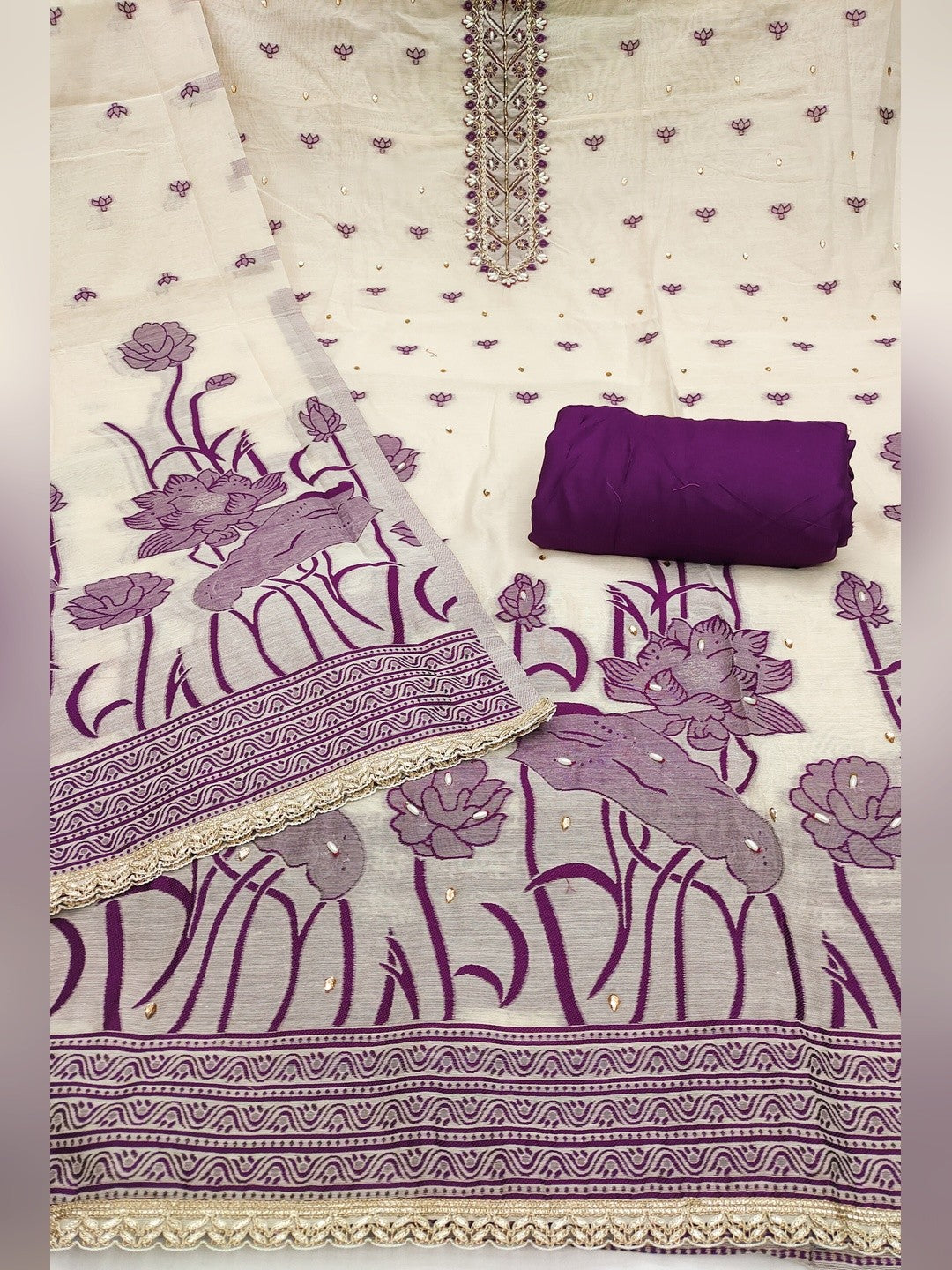 Charming Cream & Purple Floral Weaving Banarasi Silk Dress Material Showcasing Refined Moti Handwork - Image 3