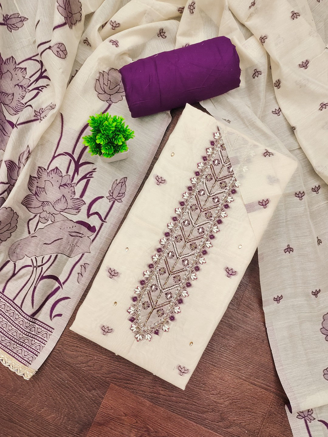 Charming Cream & Purple Floral Weaving Banarasi Silk Dress Material Showcasing Refined Moti Handwork - Image 4