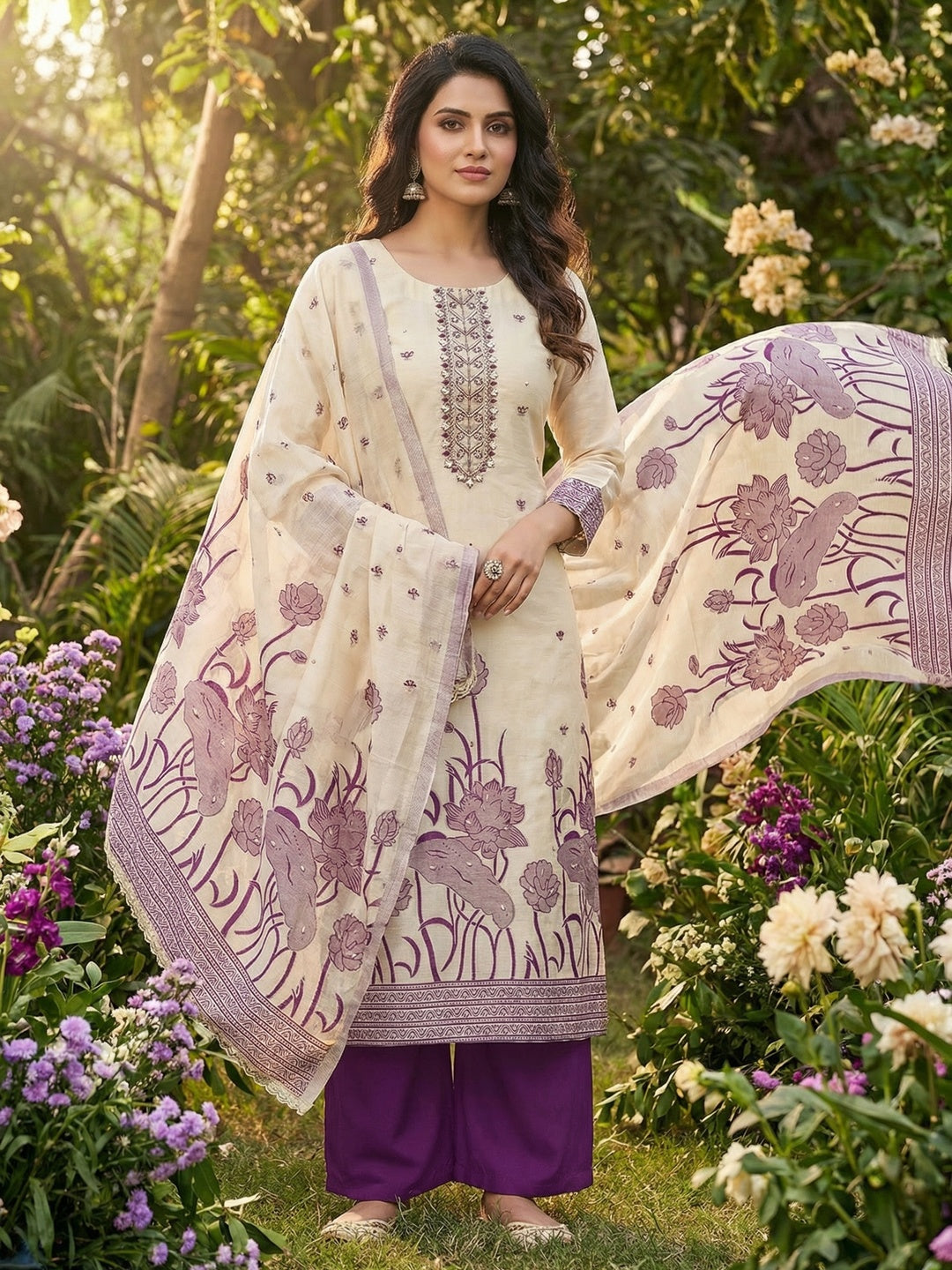 Charming Cream & Purple Floral Weaving Banarasi Silk Dress Material Showcasing Refined Moti Handwork - Image 2