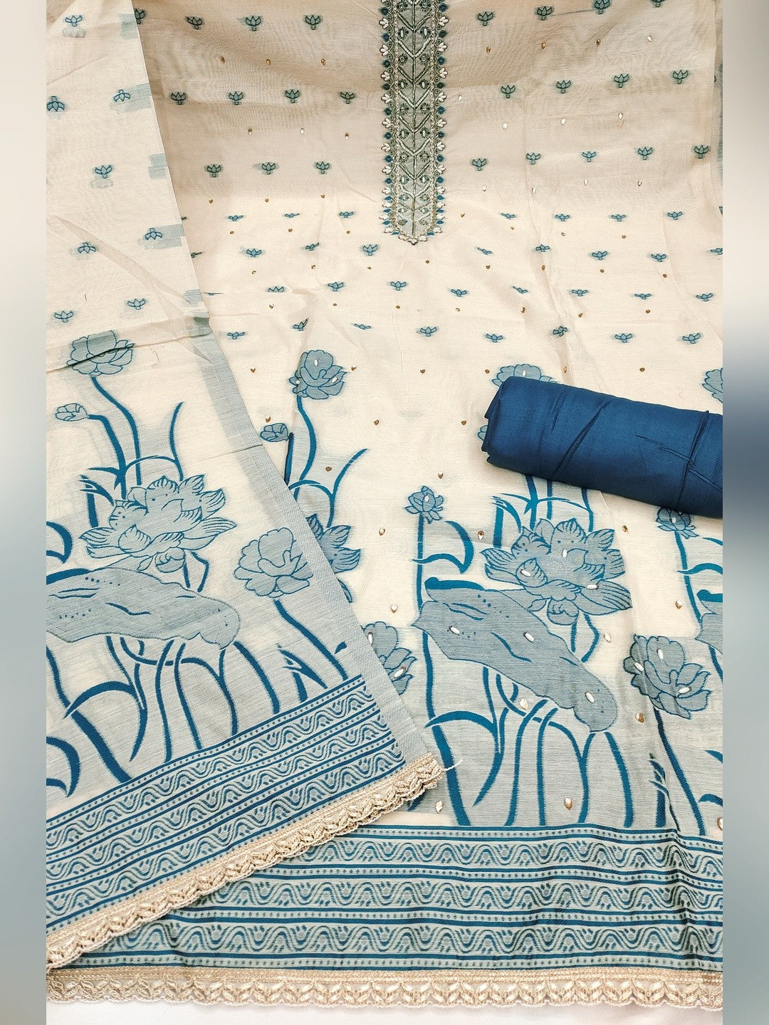 Charming Cream & Blue Floral Weaving Banarasi Silk Dress Material Showcasing Refined Moti Handwork - Image 3
