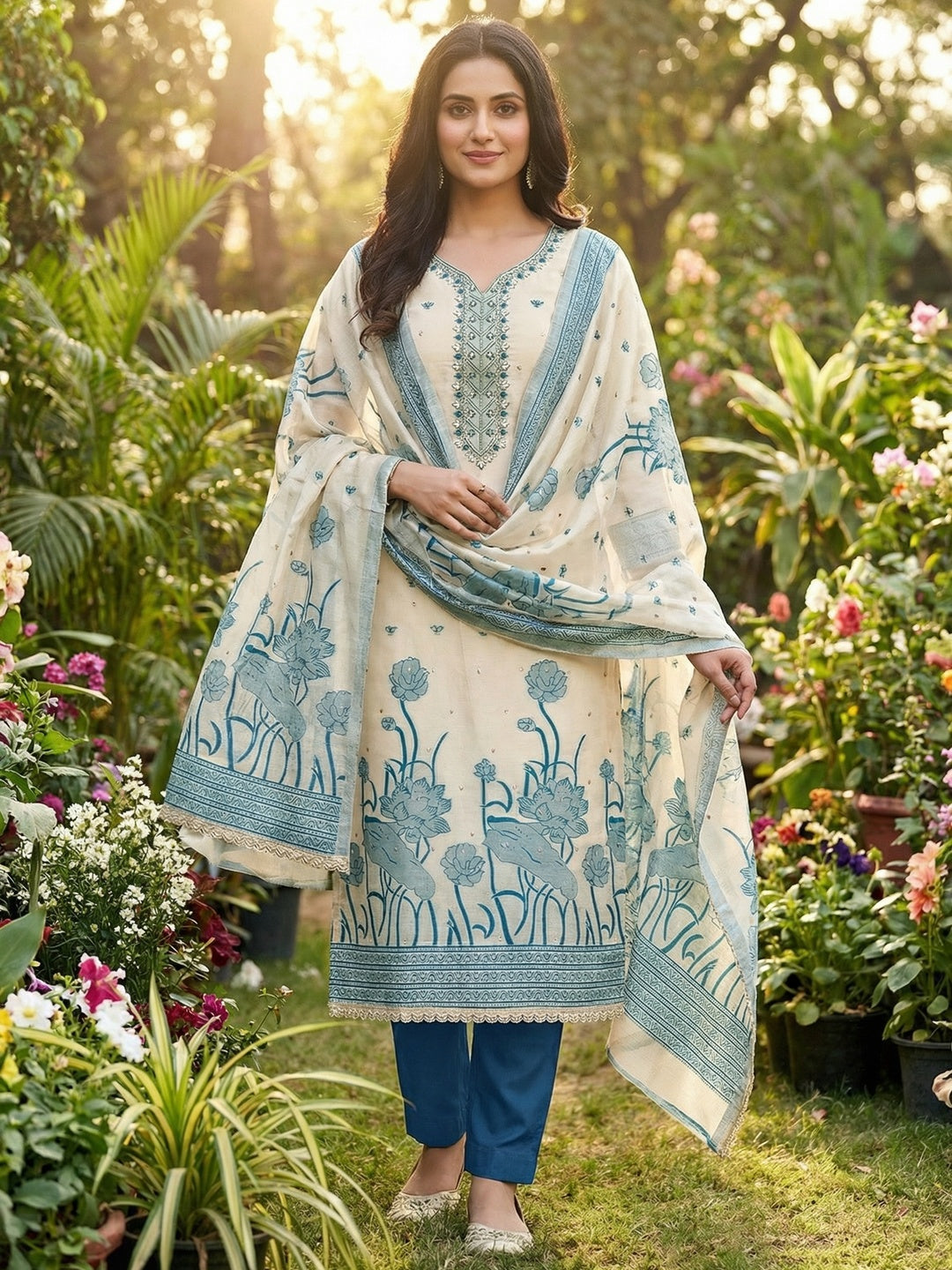 Charming Cream & Blue Floral Weaving Banarasi Silk Dress Material Showcasing Refined Moti Handwork - Image 2