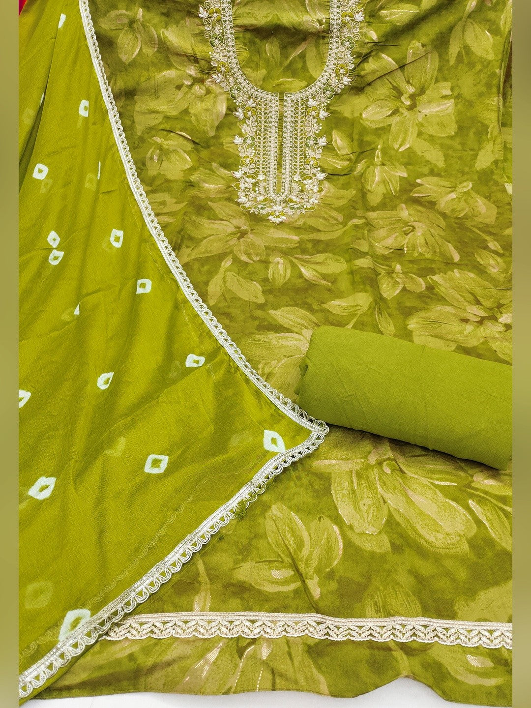 Classic Green Floral Sequins Cording Embroidered Cotton Silk Dress Material With Graceful Handwork - Image 2