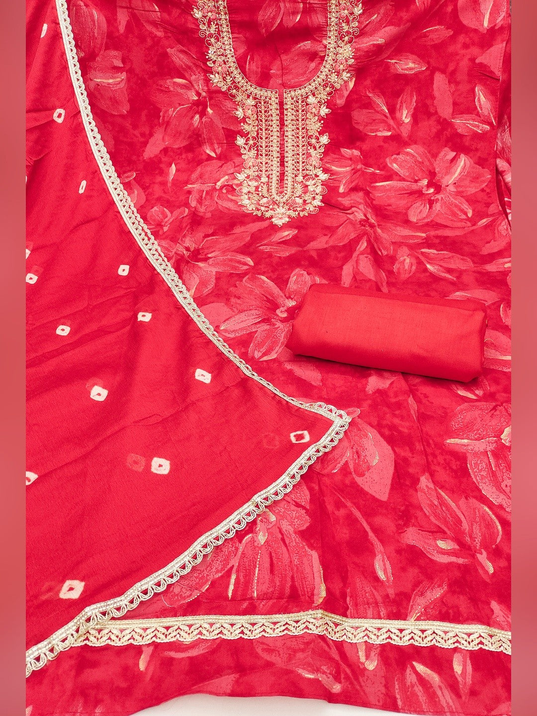 Classic Red Floral Sequins Cording Embroidered Cotton Silk Dress Material With Graceful Handwork - Image 4