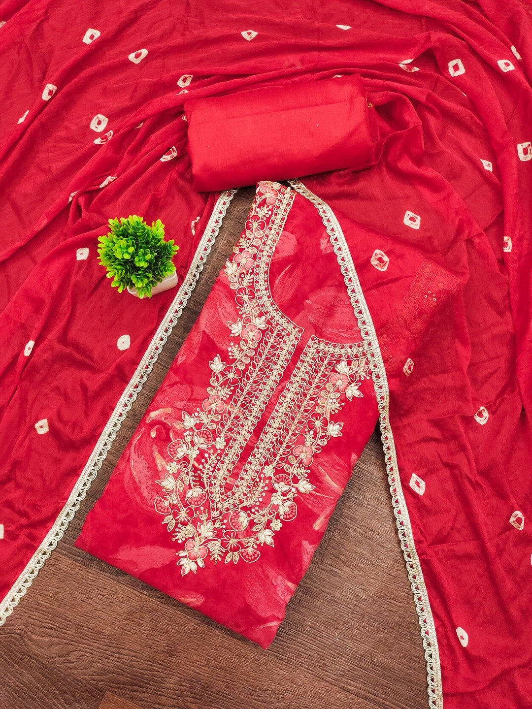Classic Red Floral Sequins Cording Embroidered Cotton Silk Dress Material With Graceful Handwork - Image 3