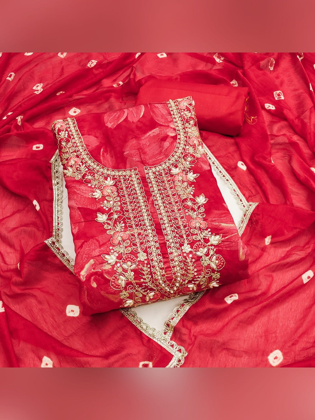 Classic Red Floral Sequins Cording Embroidered Cotton Silk Dress Material With Graceful Handwork - Image 1