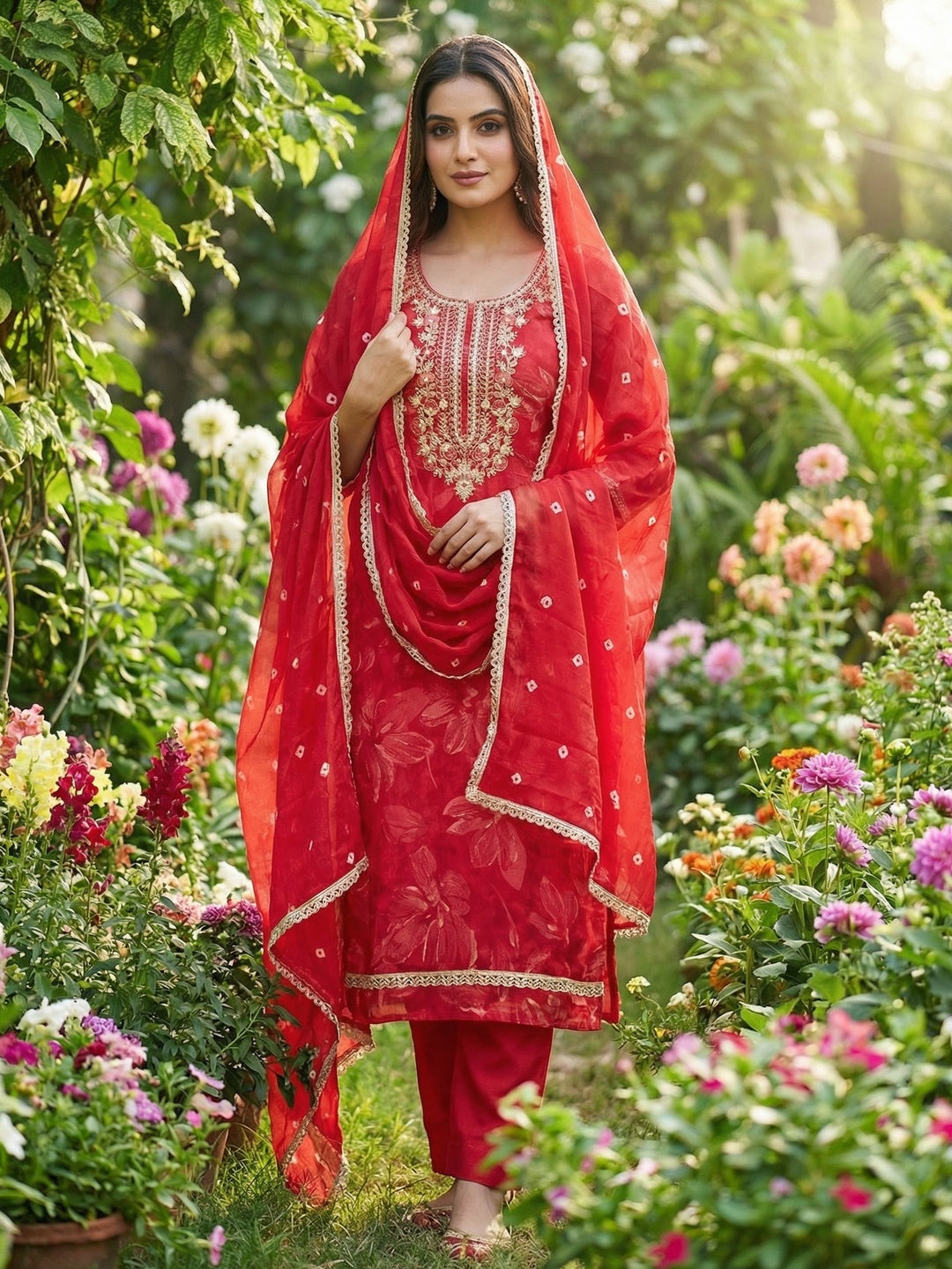 Classic Red Floral Sequins Cording Embroidered Cotton Silk Dress Material With Graceful Handwork - Image 2