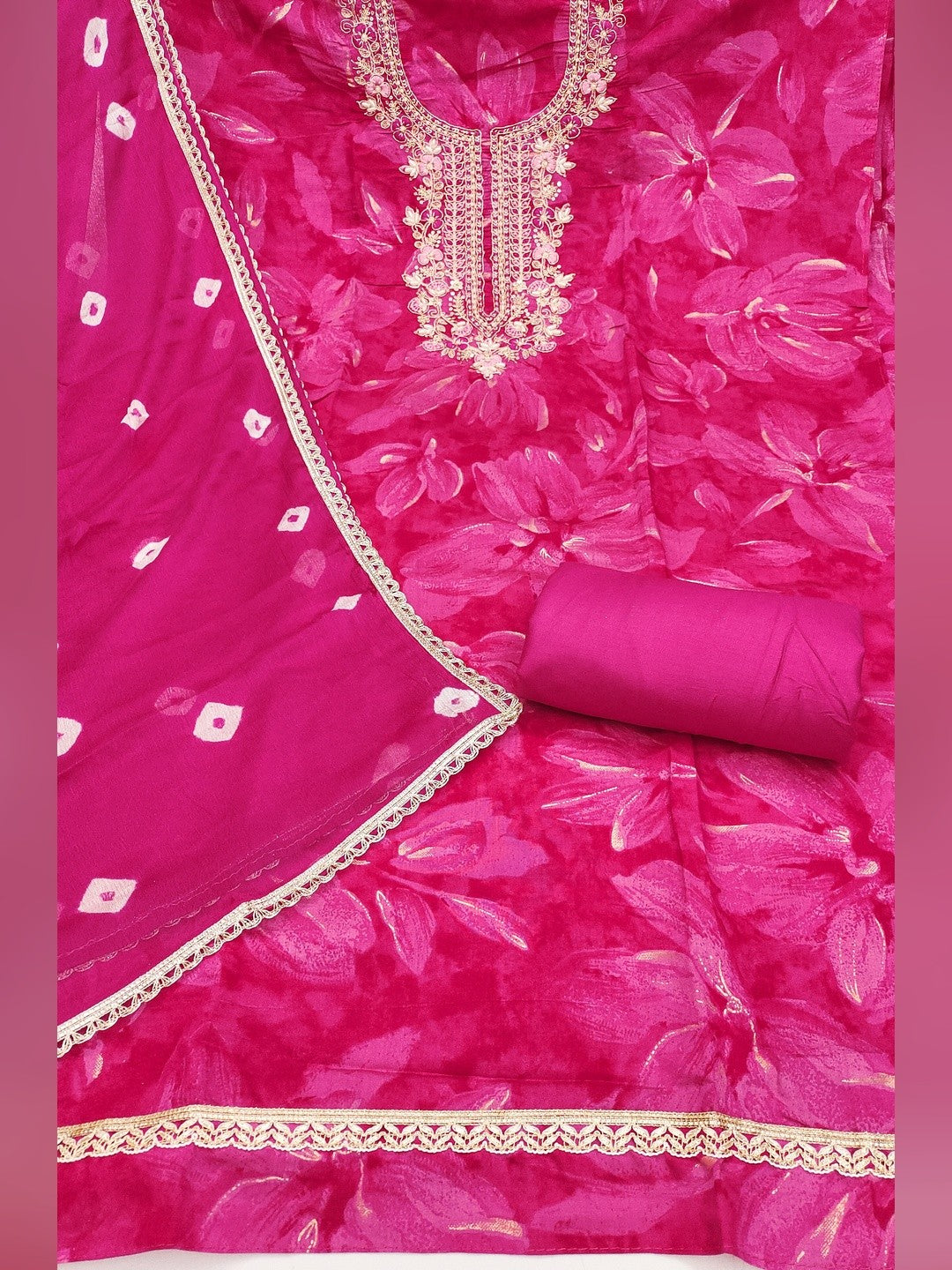 Classic Pink Floral Sequins Cording Embroidered Cotton Silk Dress Material With Graceful Handwork - Image 4