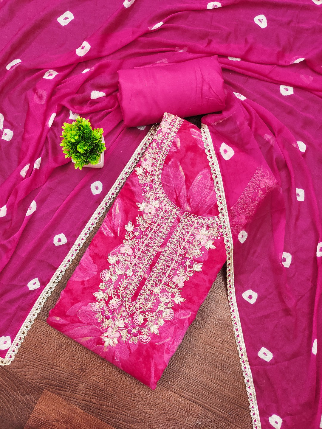 Classic Pink Floral Sequins Cording Embroidered Cotton Silk Dress Material With Graceful Handwork - Image 2