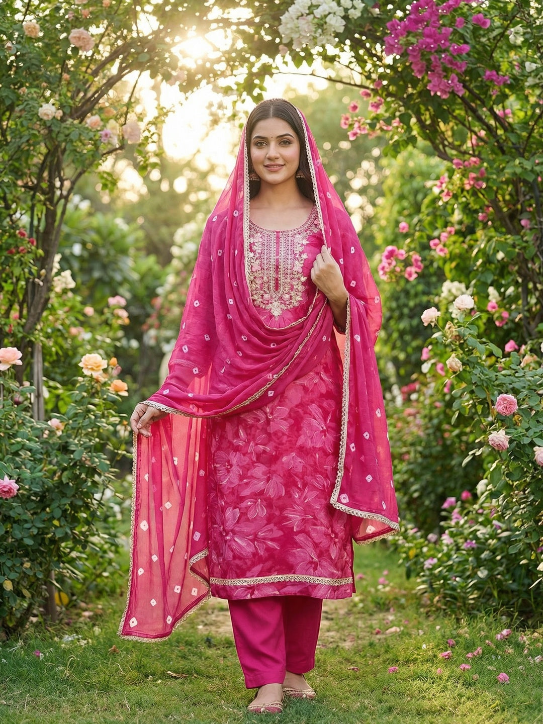 Classic Pink Floral Sequins Cording Embroidered Cotton Silk Dress Material With Graceful Handwork - Image 1