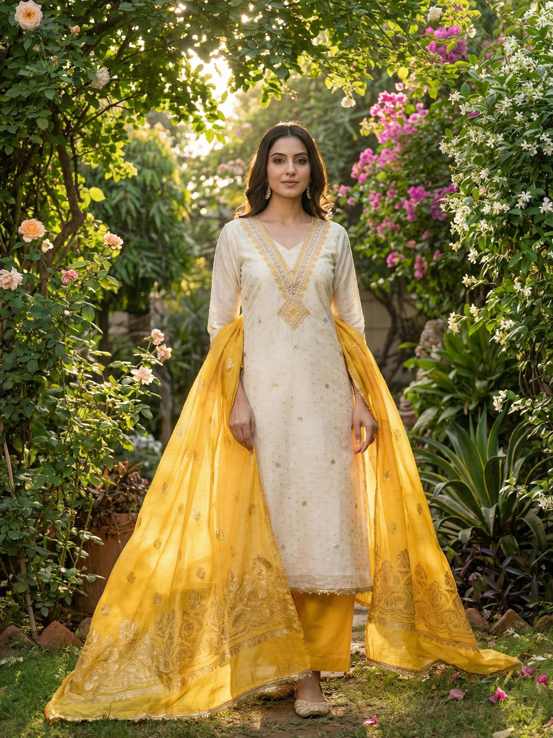 Elegant Cream & Yellow Butti Chanderi Silk Dress Material With Cording & Sequins Embroidery Work - Image 2