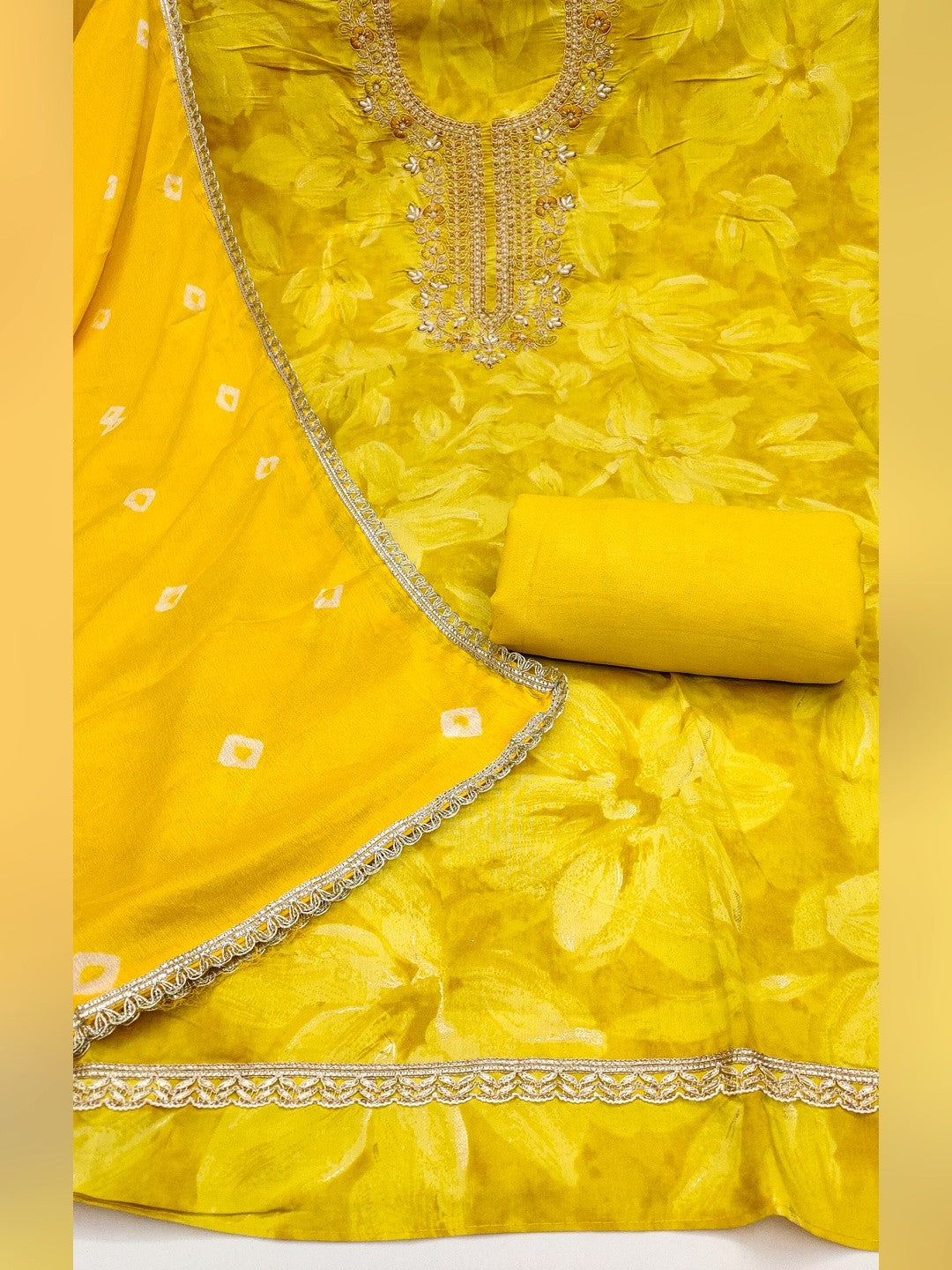 Classic Yellow Floral Sequins Cording Embroidered Cotton Silk Dress Material With Graceful Handwork - Image 4
