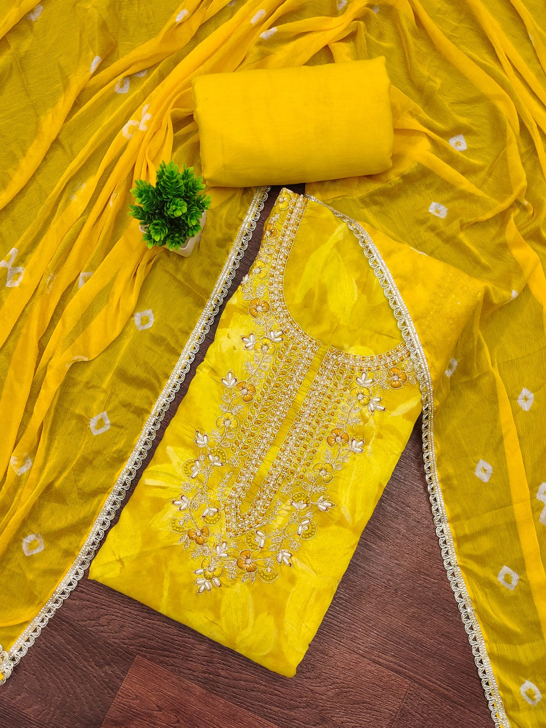 Classic Yellow Floral Sequins Cording Embroidered Cotton Silk Dress Material With Graceful Handwork - Image 3