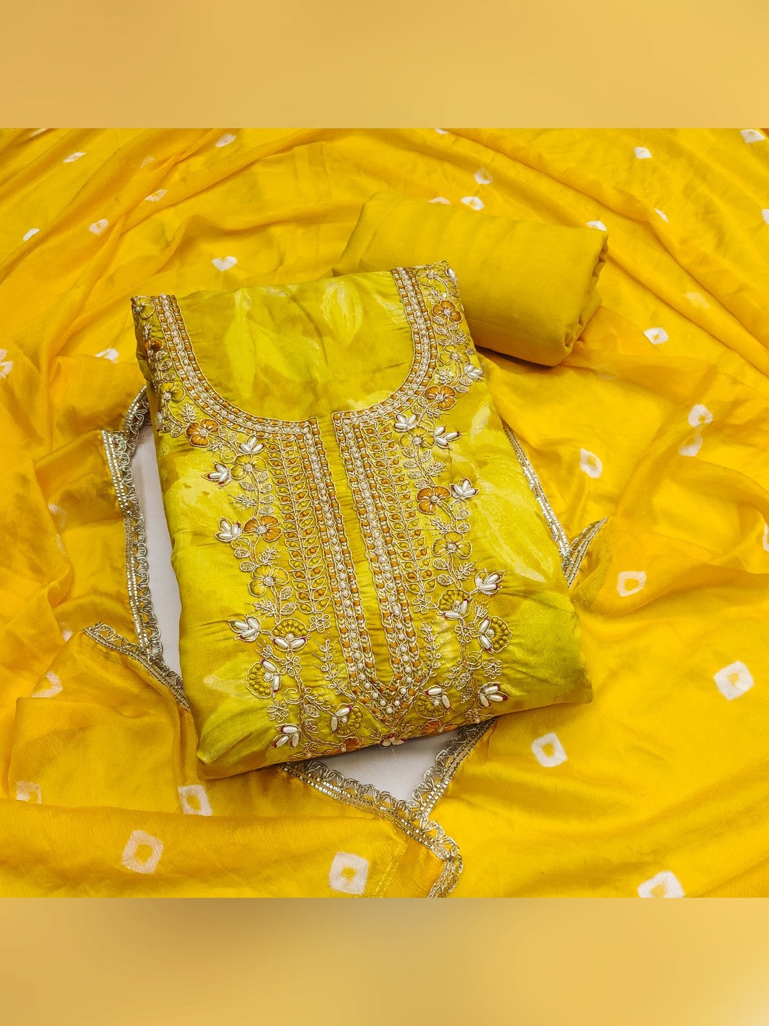Classic Yellow Floral Sequins Cording Embroidered Cotton Silk Dress Material With Graceful Handwork - Image 1