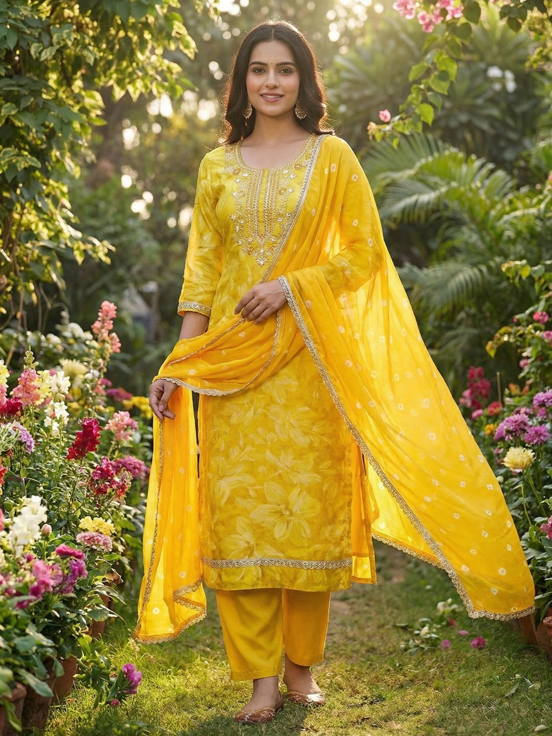 Classic Yellow Floral Sequins Cording Embroidered Cotton Silk Dress Material With Graceful Handwork - Image 2