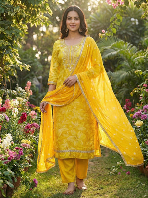 Classic Yellow Floral Sequins Cording Embroidered Cotton Silk Dress Material With Graceful Handwork - Image 2