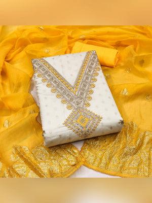 Elegant Cream & Yellow Butti Chanderi Silk Dress Material With Cording & Sequins Embroidery Work - Image 1