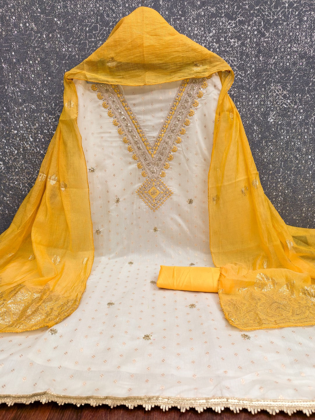 Elegant Cream & Yellow Butti Chanderi Silk Dress Material With Cording & Sequins Embroidery Work - Image 3