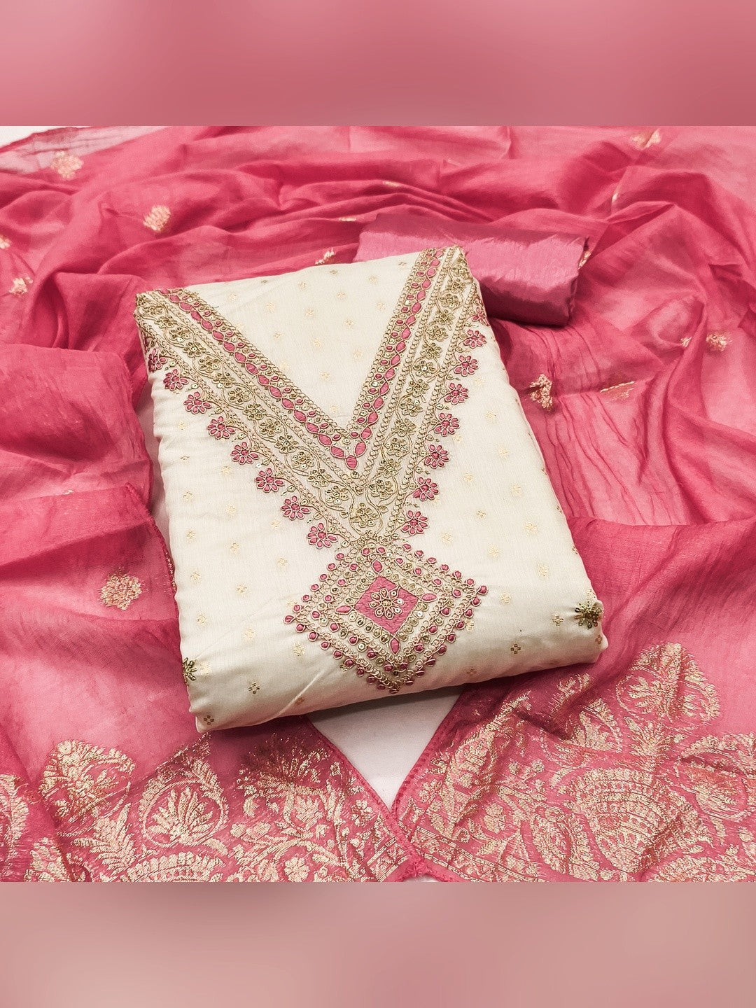 Elegant Cream & Pink Butti Chanderi Silk Dress Material With Cording & Sequins Embroidery Work - Image 1
