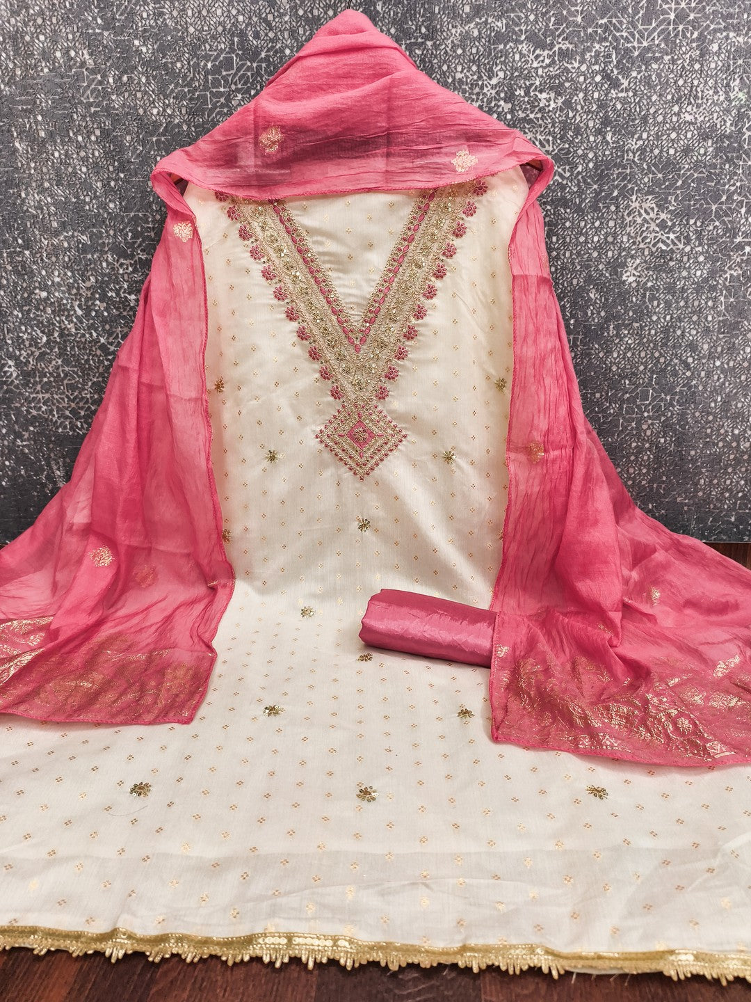 Elegant Cream & Pink Butti Chanderi Silk Dress Material With Cording & Sequins Embroidery Work - Image 3