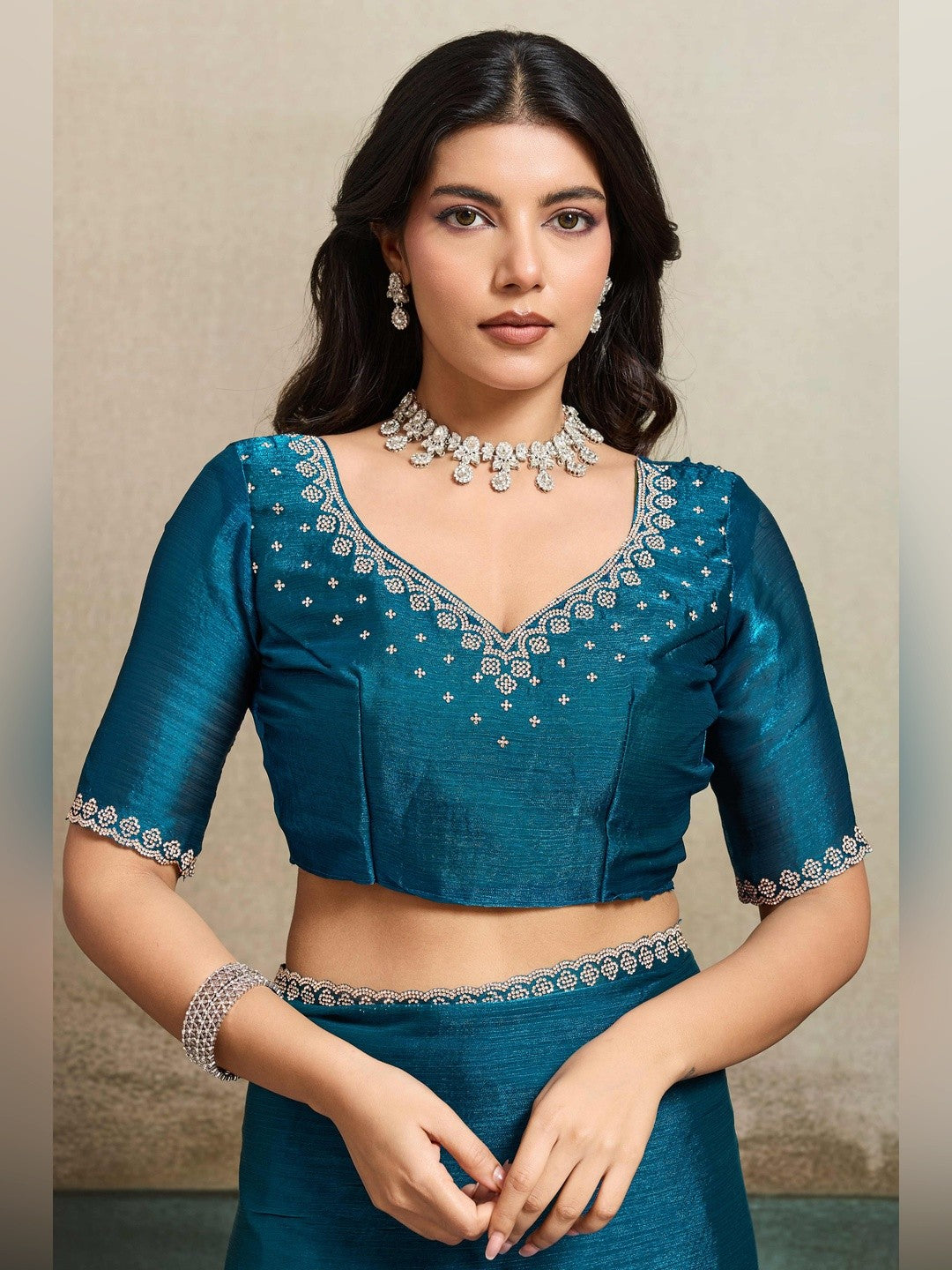 Elegant Morpich Blue Solid Organza Chiffon Silk Saree Highlighted With Jarkan Work Border - Image 8