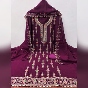 Wine Georgette Dress Material Enhanced With Graceful Floral Embroidery For An Elegant Ethnic Look - Image 2