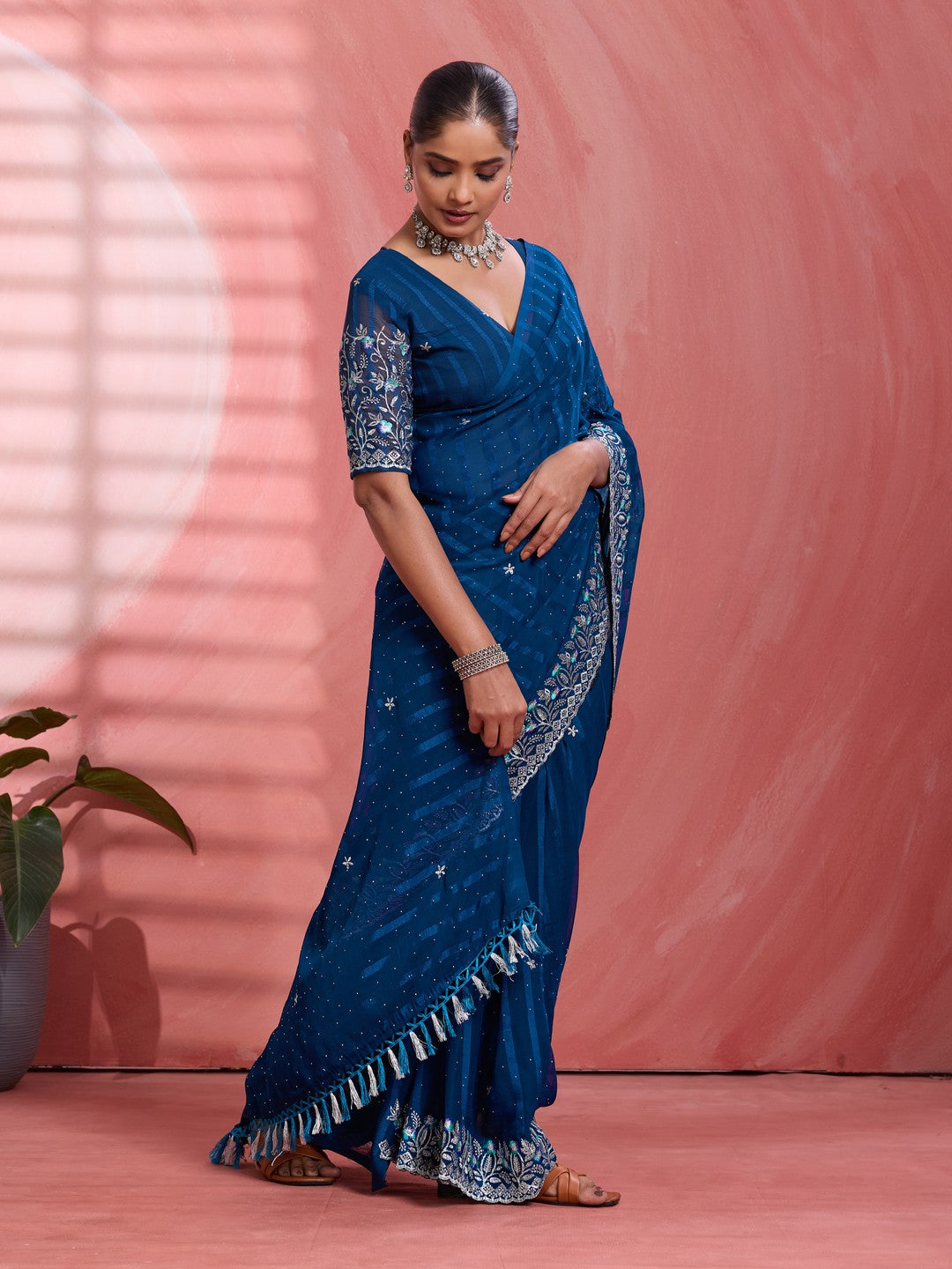Graceful Blue Floral Embroidery & Swarovski Work Chiffon Saree With Luxurious Tassel Pallu - Image 1