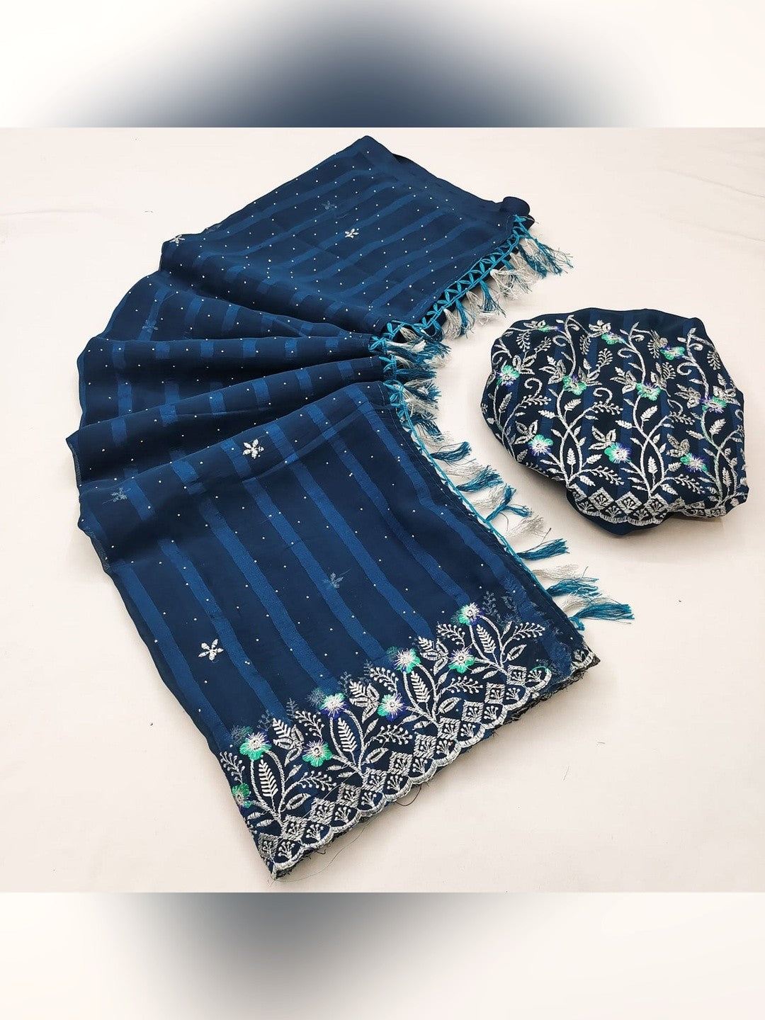 Graceful Blue Floral Embroidery & Swarovski Work Chiffon Saree With Luxurious Tassel Pallu - Image 3
