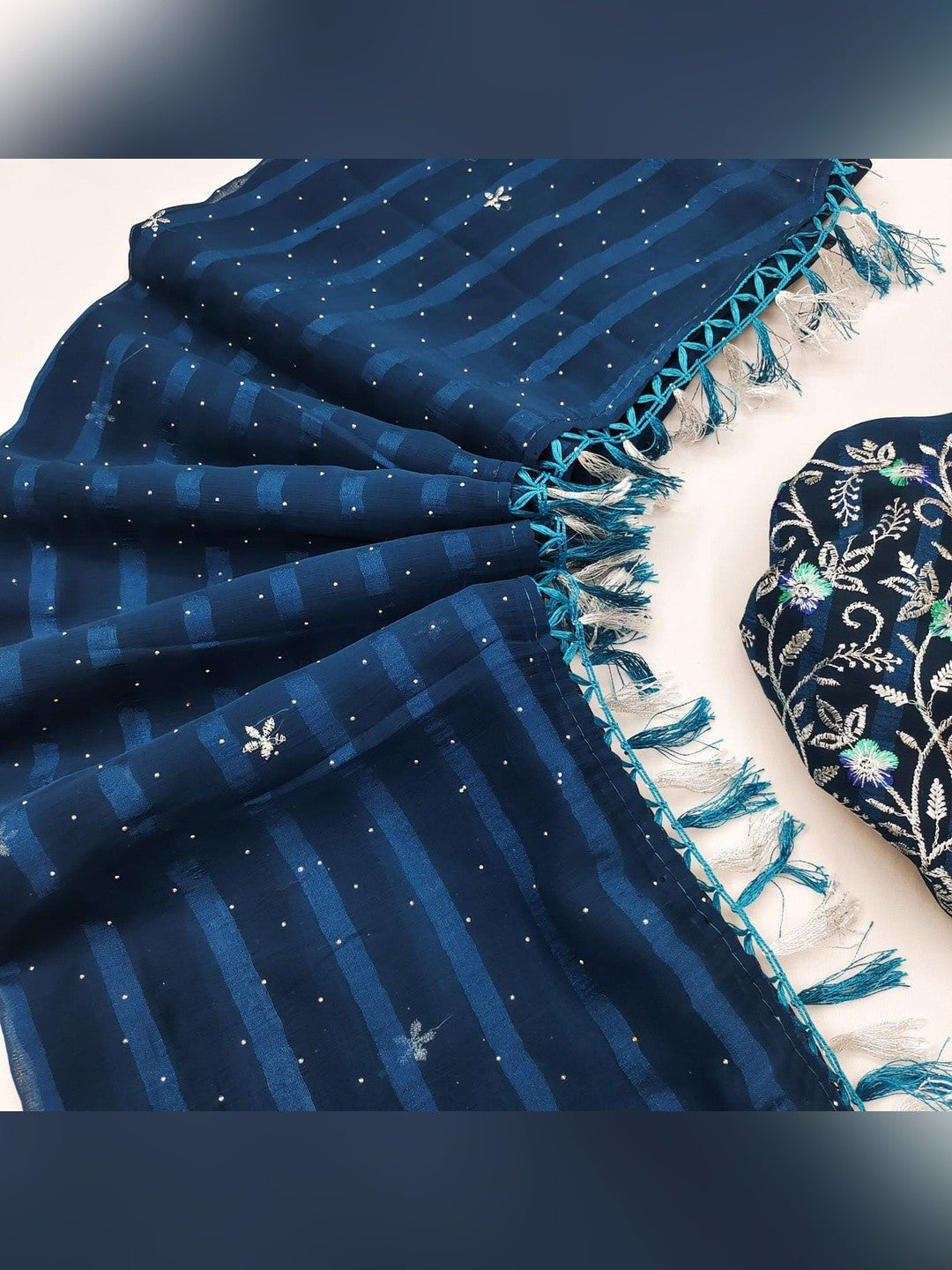 Graceful Blue Floral Embroidery & Swarovski Work Chiffon Saree With Luxurious Tassel Pallu - Image 4