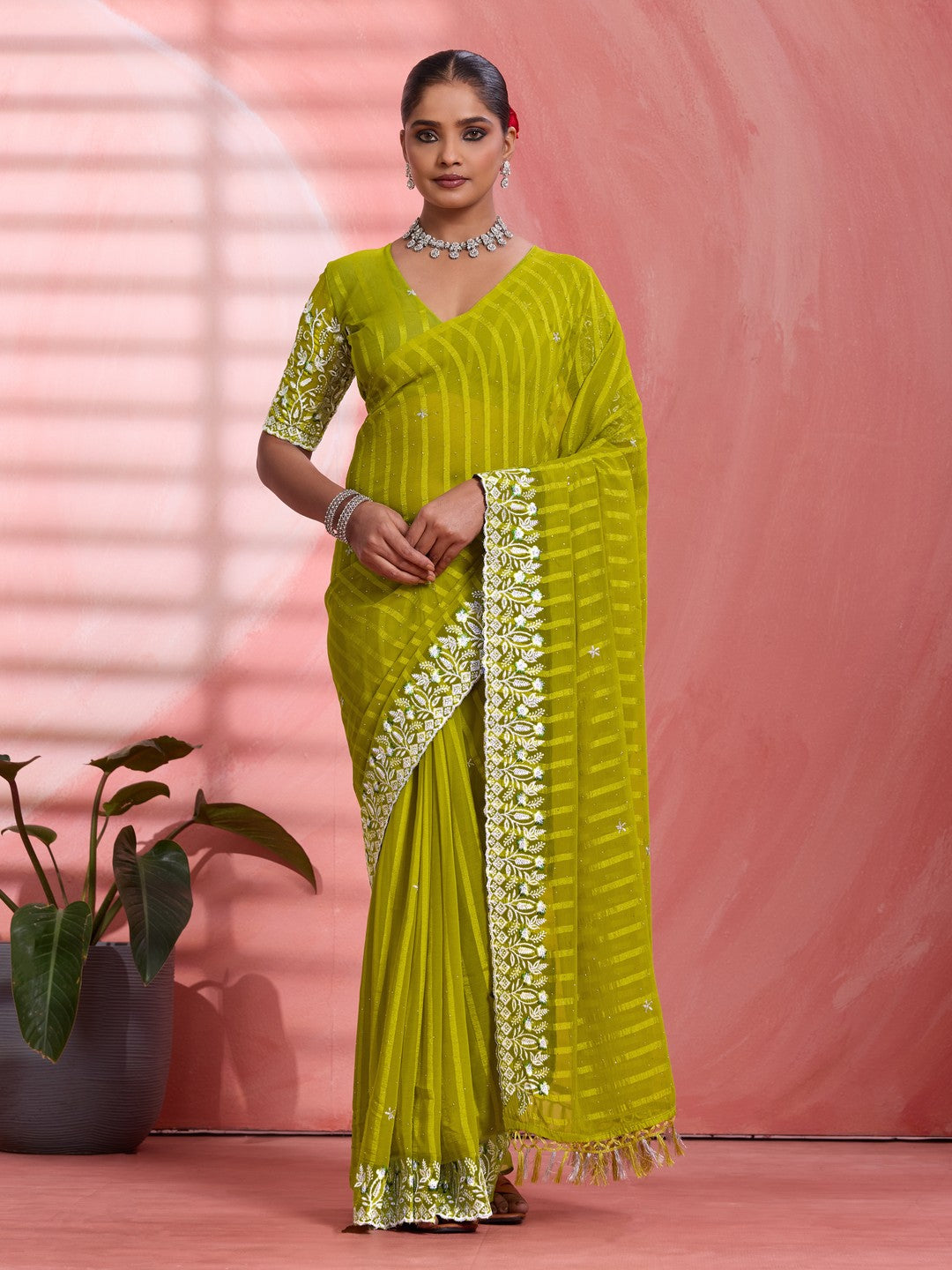 Graceful Parrot Green Floral Embroidery & Swarovski Work Chiffon Saree With Luxurious Tassel Pallu - Image 1