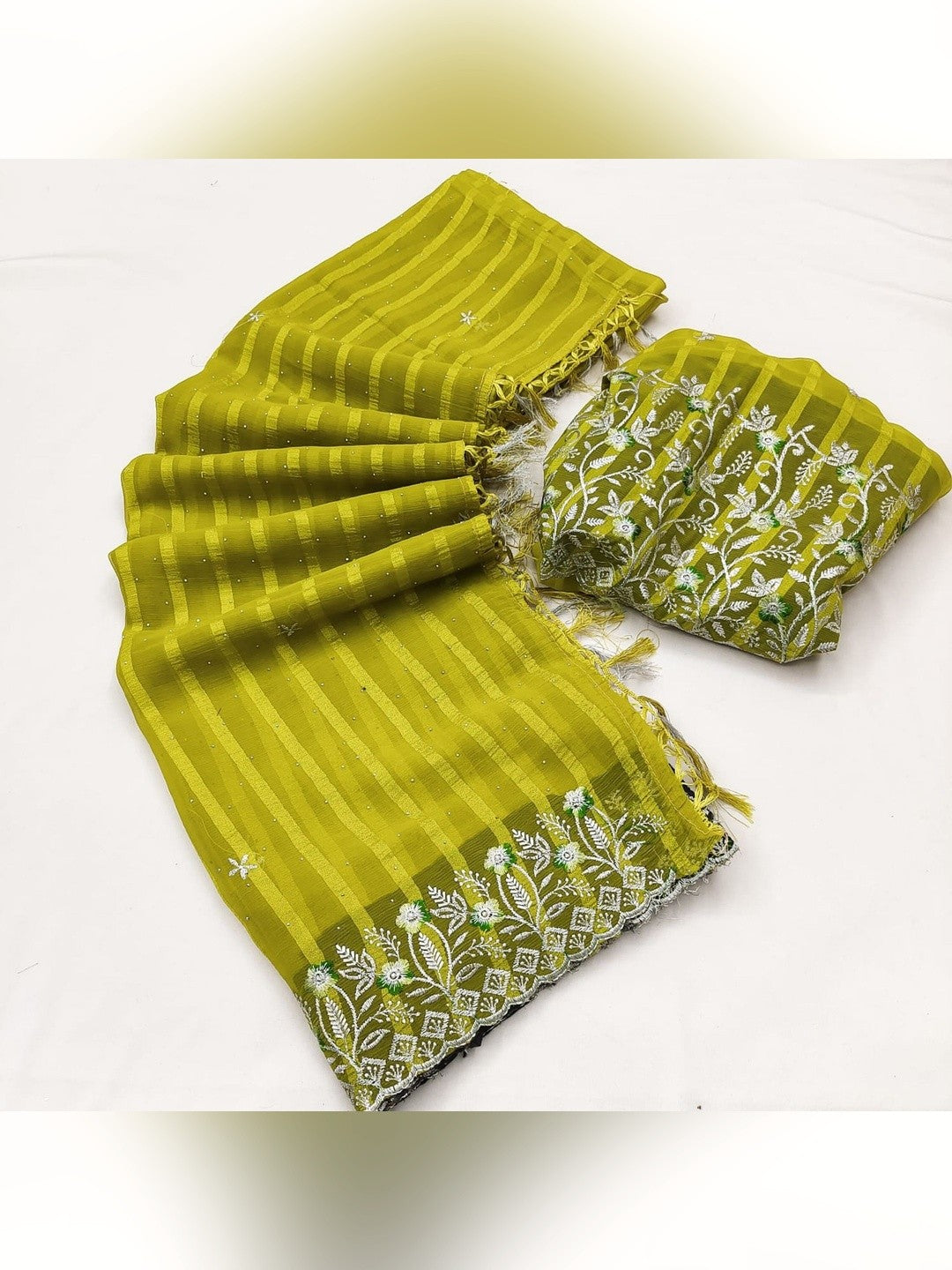 Graceful Parrot Green Floral Embroidery & Swarovski Work Chiffon Saree With Luxurious Tassel Pallu - Image 5
