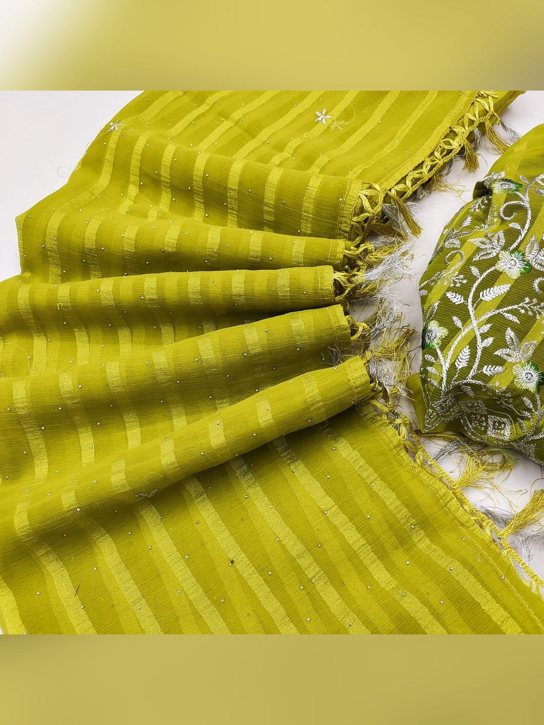 Graceful Parrot Green Floral Embroidery & Swarovski Work Chiffon Saree With Luxurious Tassel Pallu - Image 4