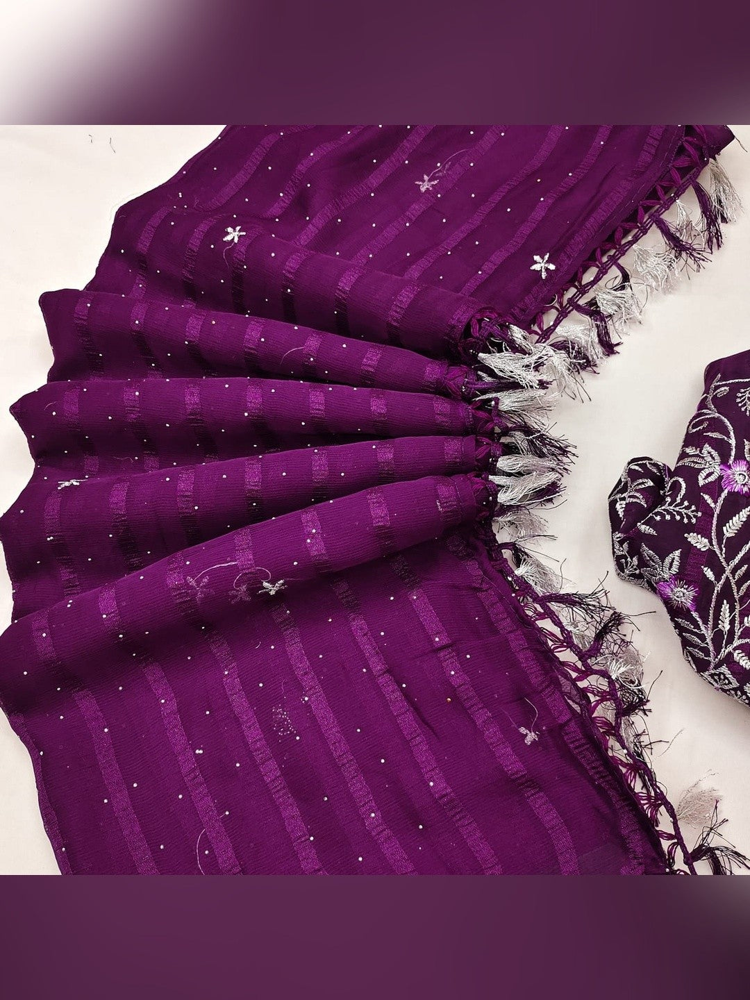 Graceful Wine Floral Embroidery & Swarovski Work Chiffon Saree With Luxurious Tassel Pallu - Image 5