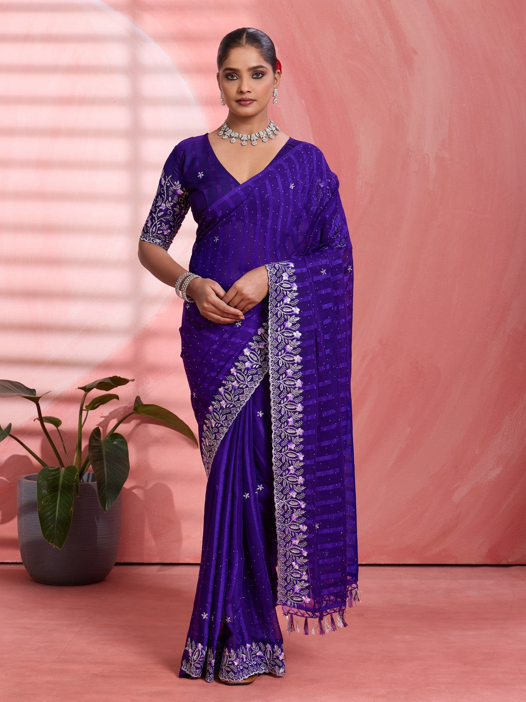 Graceful Purple Floral Embroidery & Swarovski Work Chiffon Saree With Luxurious Tassel Pallu - Image 1