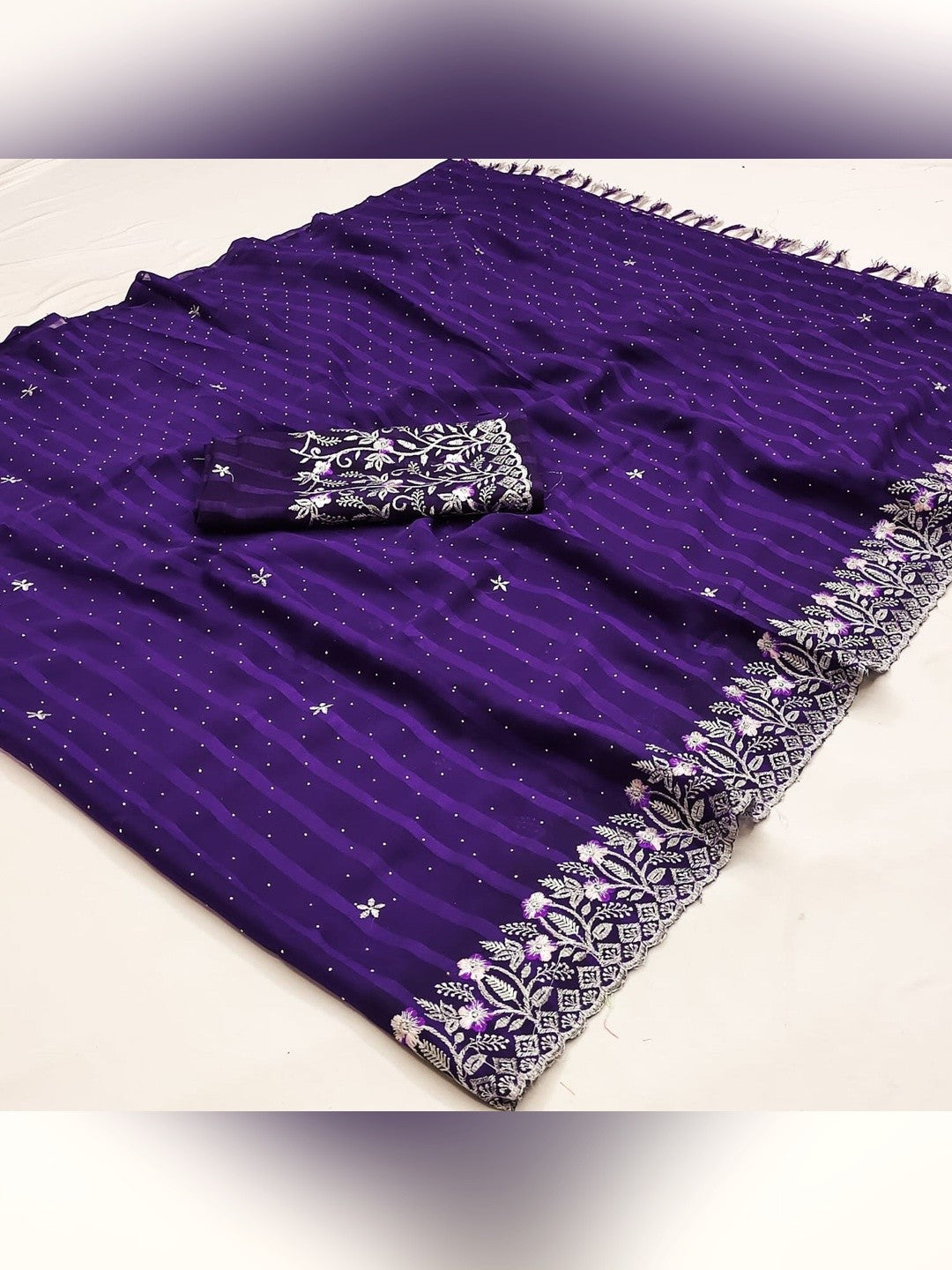 Graceful Purple Floral Embroidery & Swarovski Work Chiffon Saree With Luxurious Tassel Pallu - Image 4